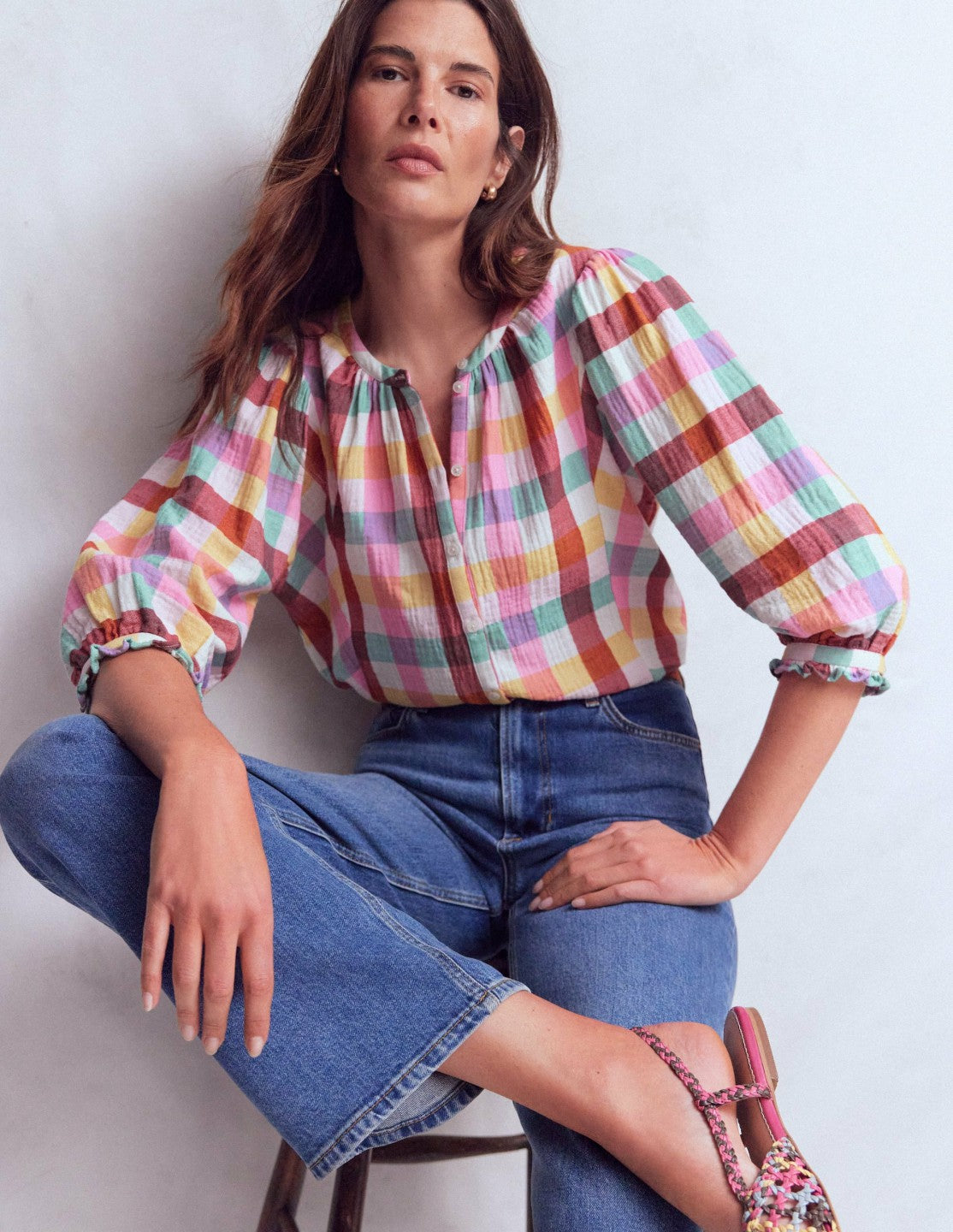 Camille Double Cloth Top-Ivory, Pink, Red Multi Gingham / Boden Outlet