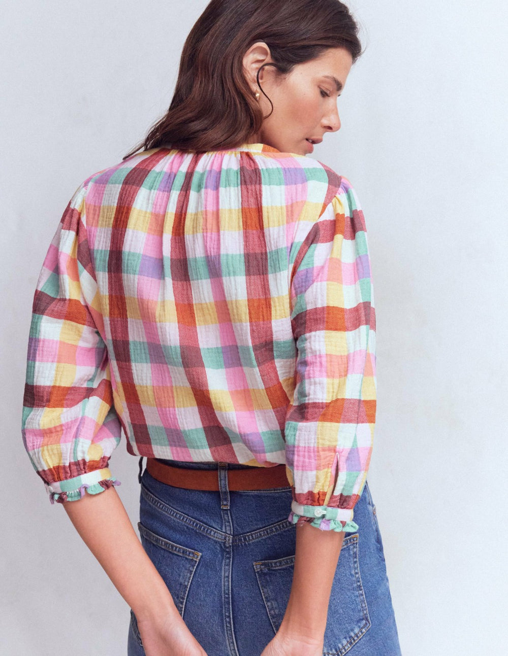 Camille Double Cloth Top-Ivory, Pink, Red Multi Gingham / Boden Outlet
