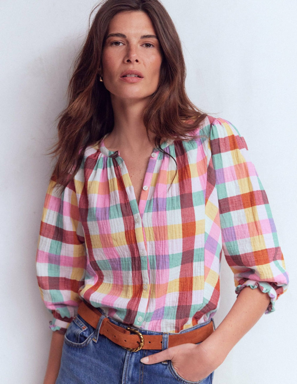 Camille Double Cloth Top-Ivory, Pink, Red Multi Gingham / Boden Outlet