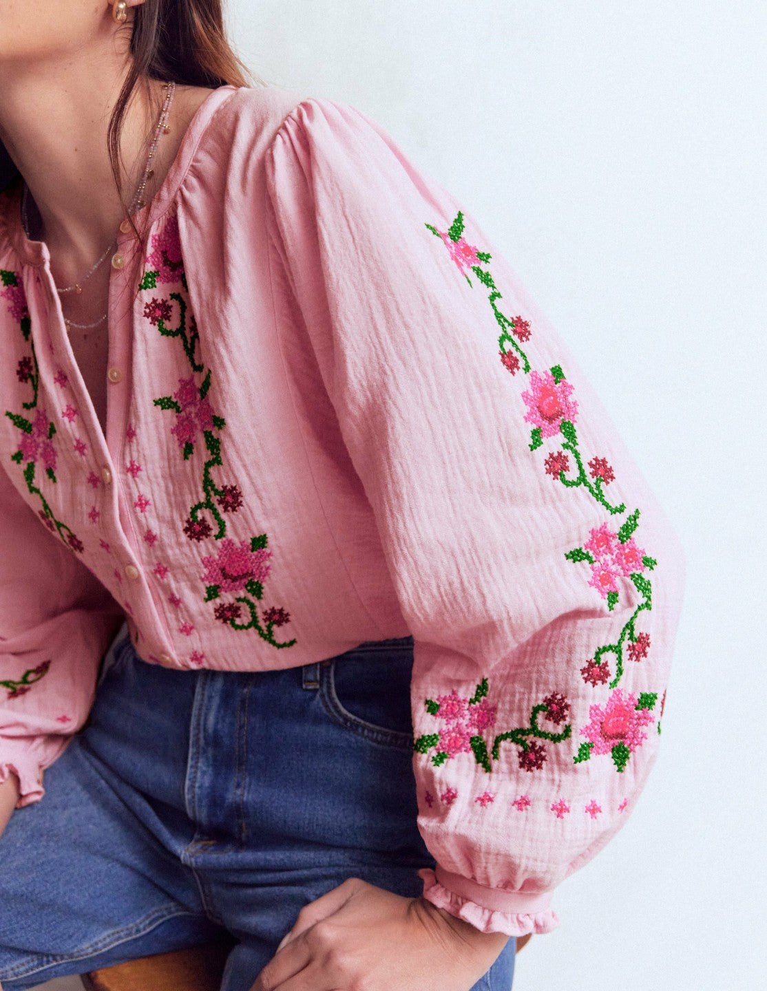 Camille Double Cloth Top-Spring Blossom Pink Embroidery / Boden Discount
