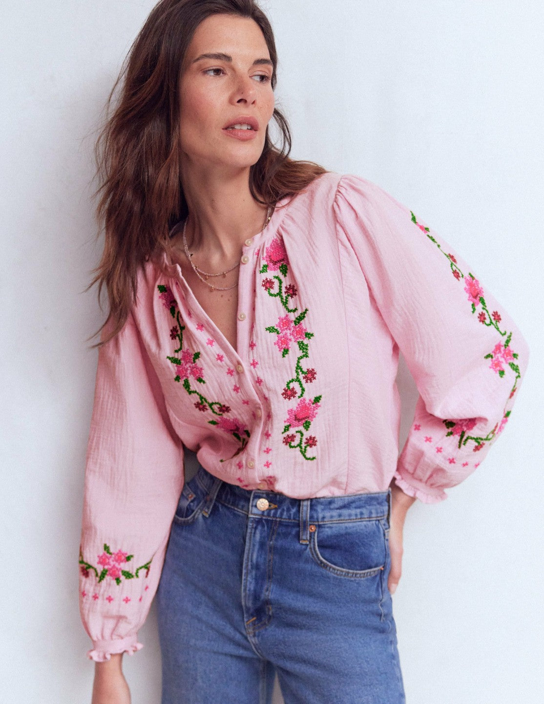 Camille Double Cloth Top-Spring Blossom Pink Embroidery / Boden Discount