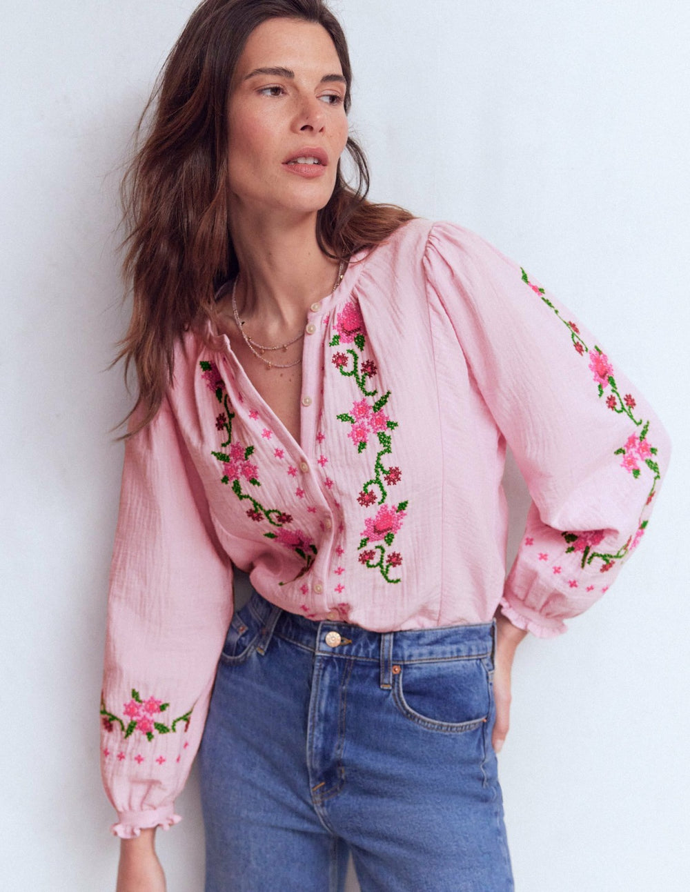 Camille Double Cloth Top-Spring Blossom Pink Embroidery / Boden Discount