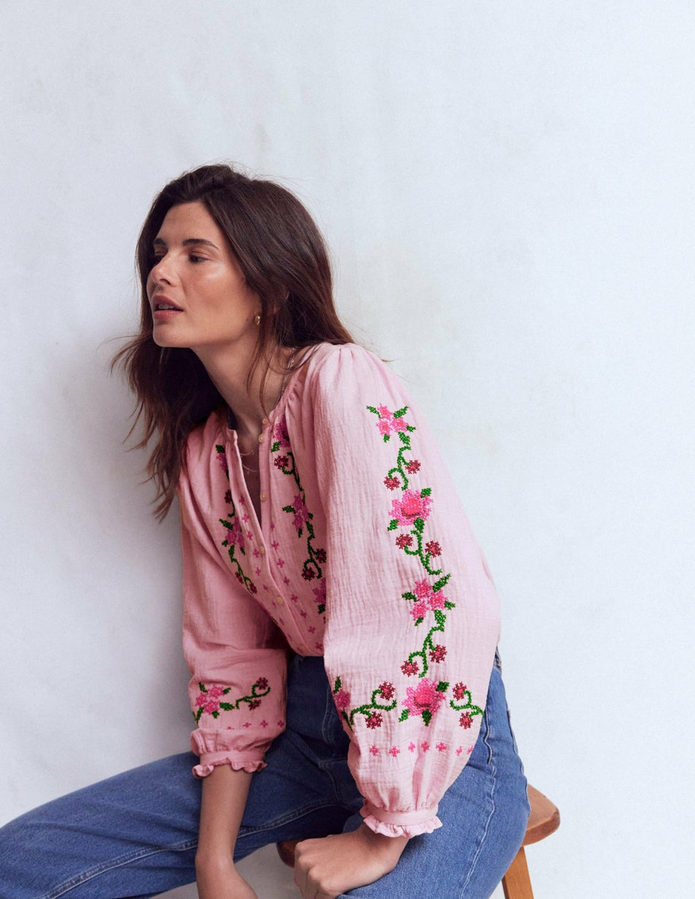 Camille Double Cloth Top-Spring Blossom Pink Embroidery / Boden Discount