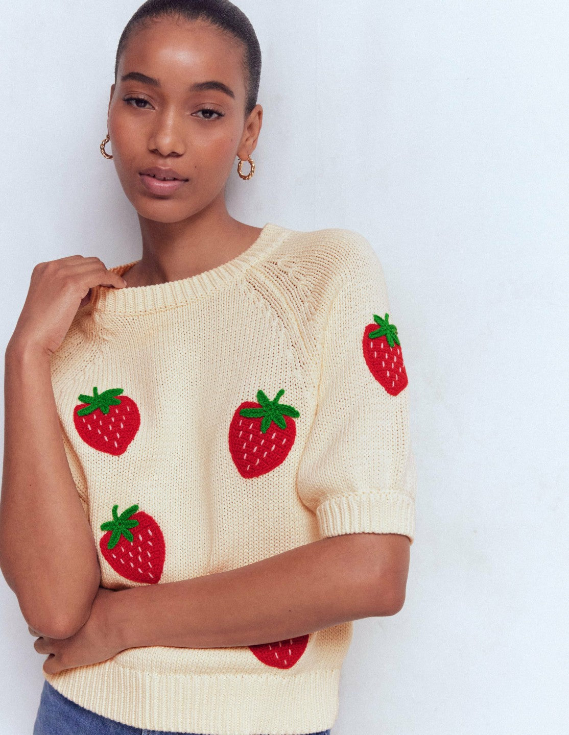 Margot Puff Sleeve T-Shirt-Warm Ivory Strawberry / Boden On sale