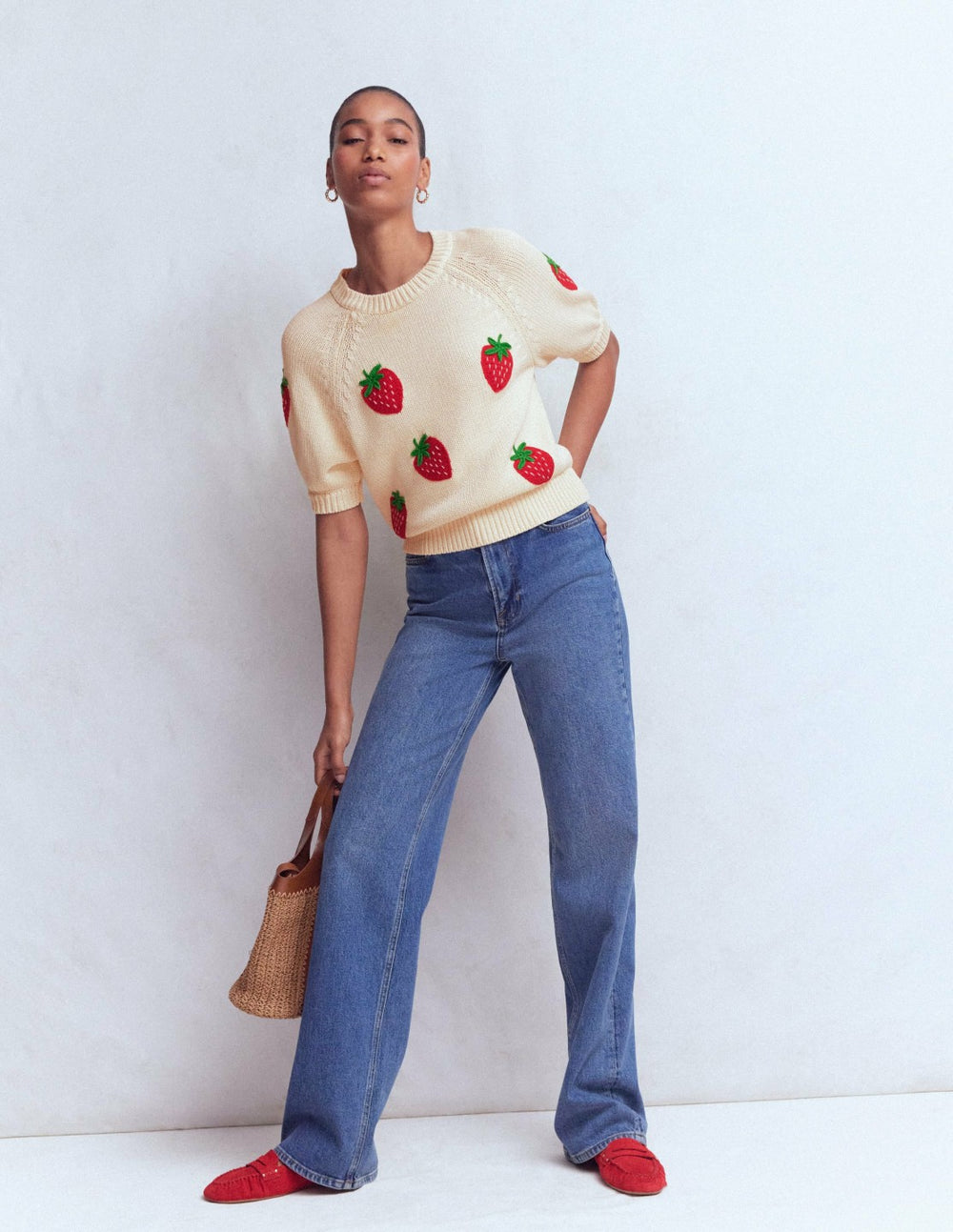 Margot Puff Sleeve T-Shirt-Warm Ivory Strawberry / Boden On sale