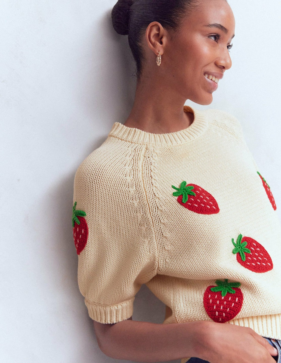 Margot Puff Sleeve T-Shirt-Warm Ivory Strawberry / Boden On sale