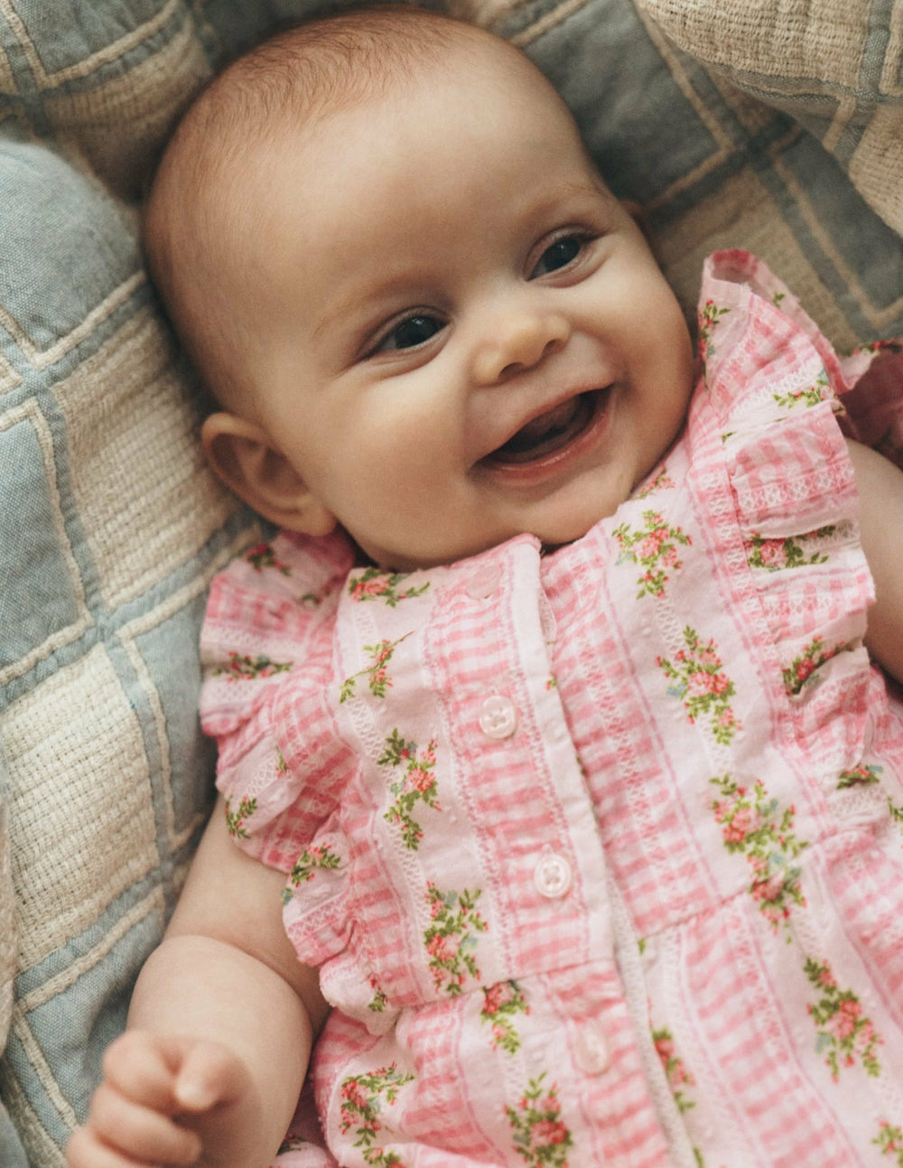 Short Frill Bubble Romper-Pink Gingham Floral / Boden