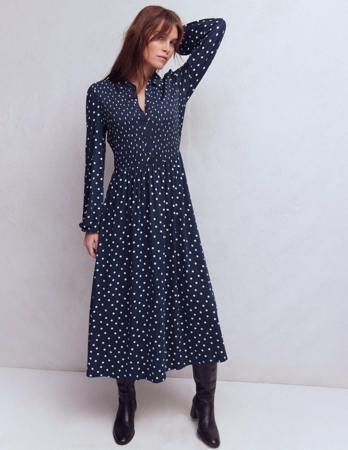 Smocked Jersey Shirt Dress-French Navy, Painted Dot / Boden Sale
