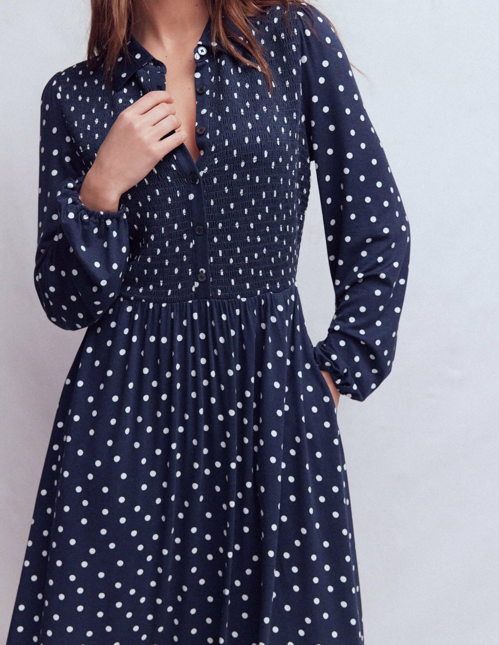 Smocked Jersey Shirt Dress-French Navy, Painted Dot / Boden Sale