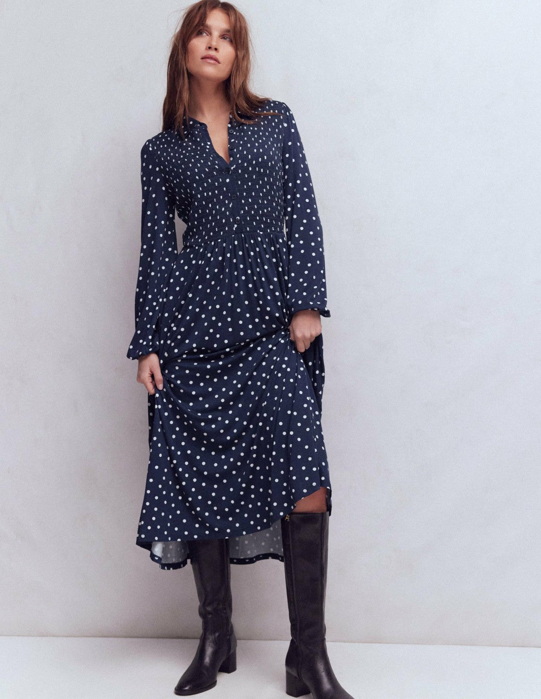 Smocked Jersey Shirt Dress-French Navy, Painted Dot / Boden Sale