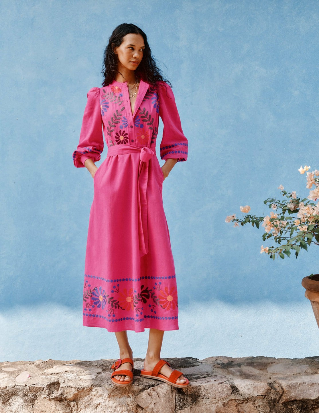 Ava Linen Blend Midi Dress-Multi Embroidery / Boden Discount