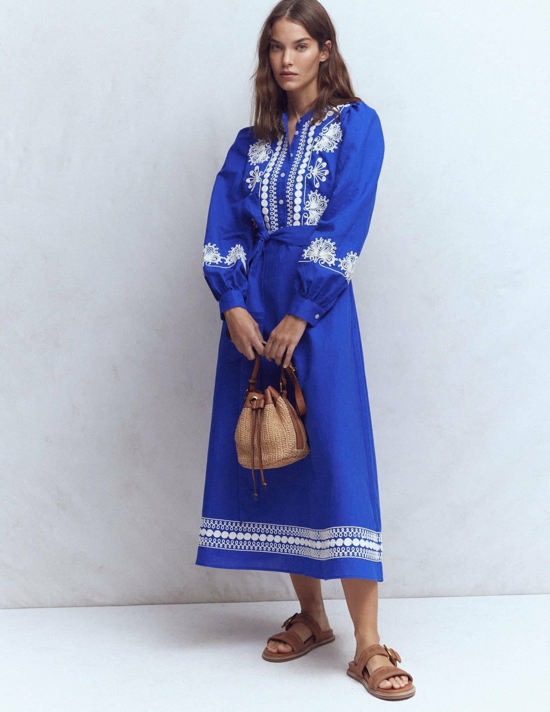 Ava Linen Blend Midi Dress-Blue Embroidery / Boden Online