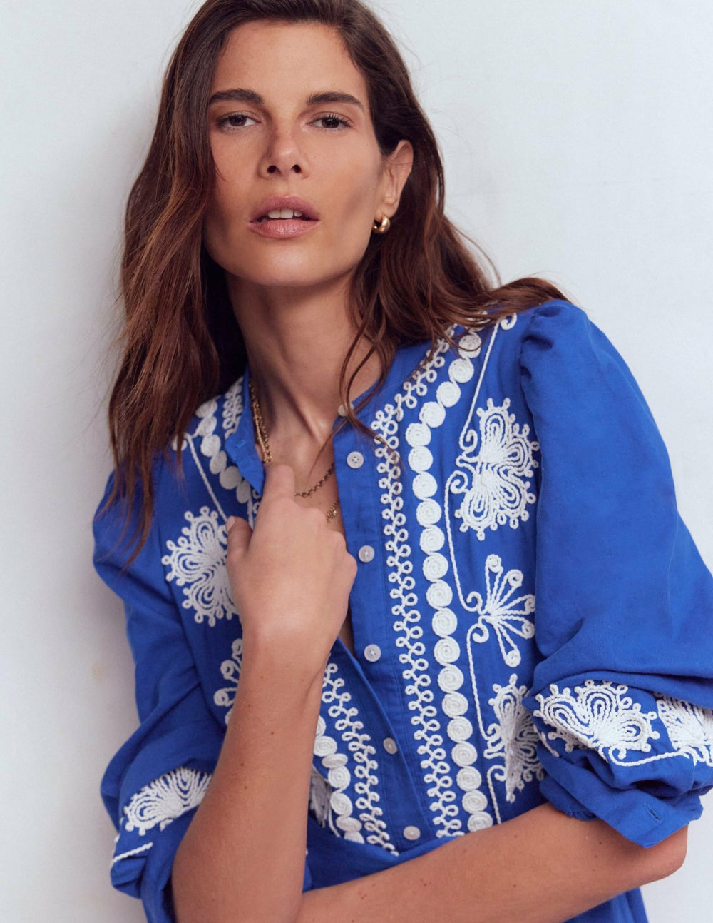 Ava Linen Blend Midi Dress-Blue Embroidery / Boden Online