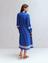 Ava Linen Blend Midi Dress-Blue Embroidery / Boden Online