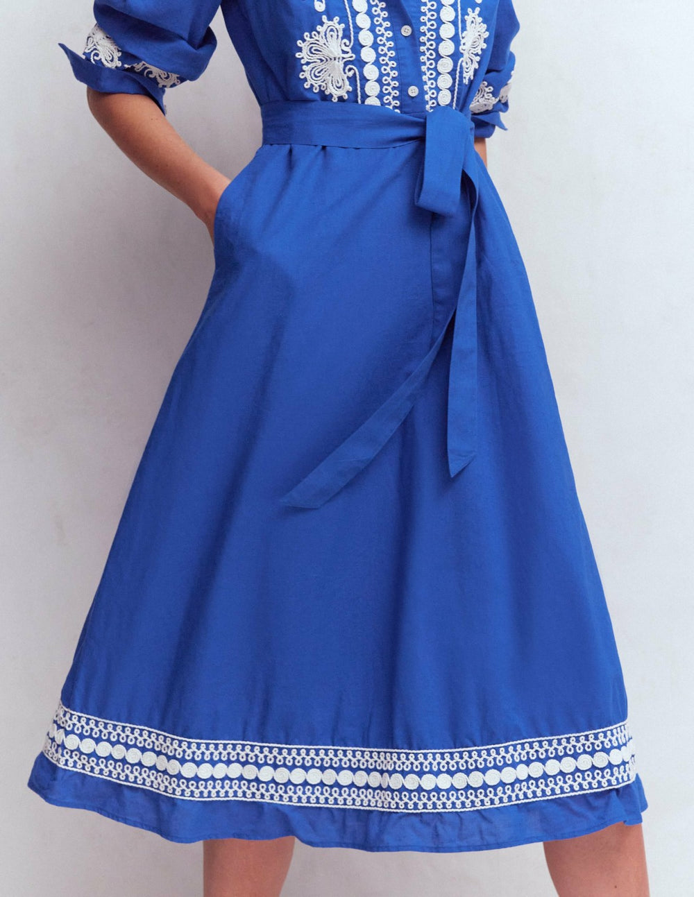 Ava Linen Blend Midi Dress-Blue Embroidery / Boden Online