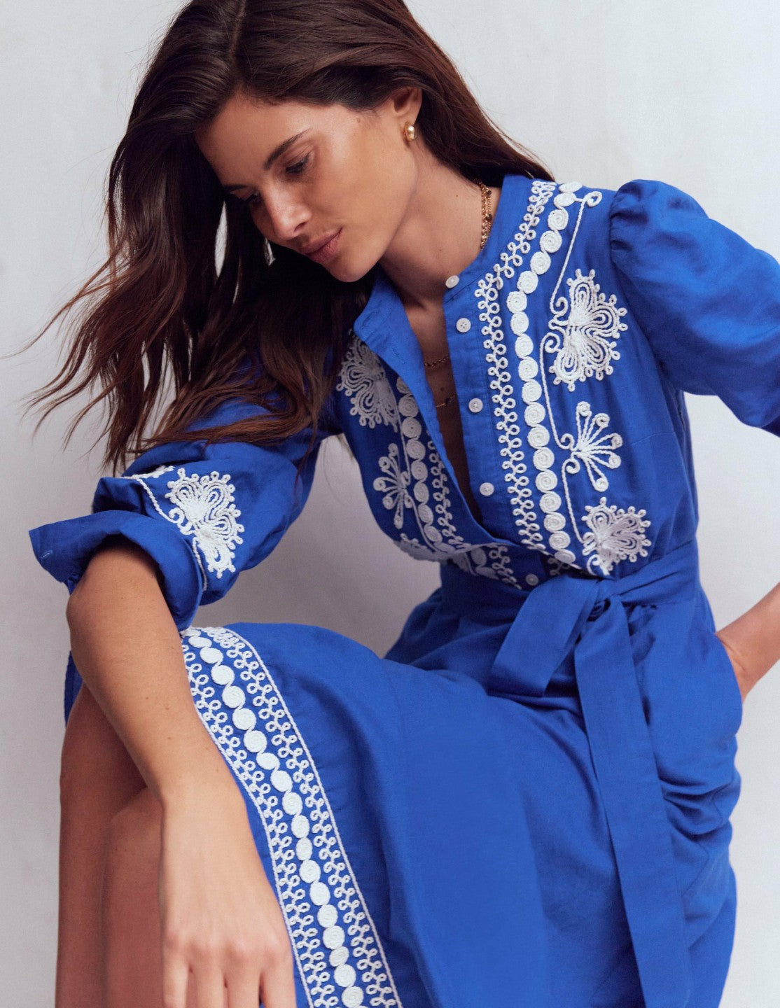 Ava Linen Blend Midi Dress-Blue Embroidery / Boden Online