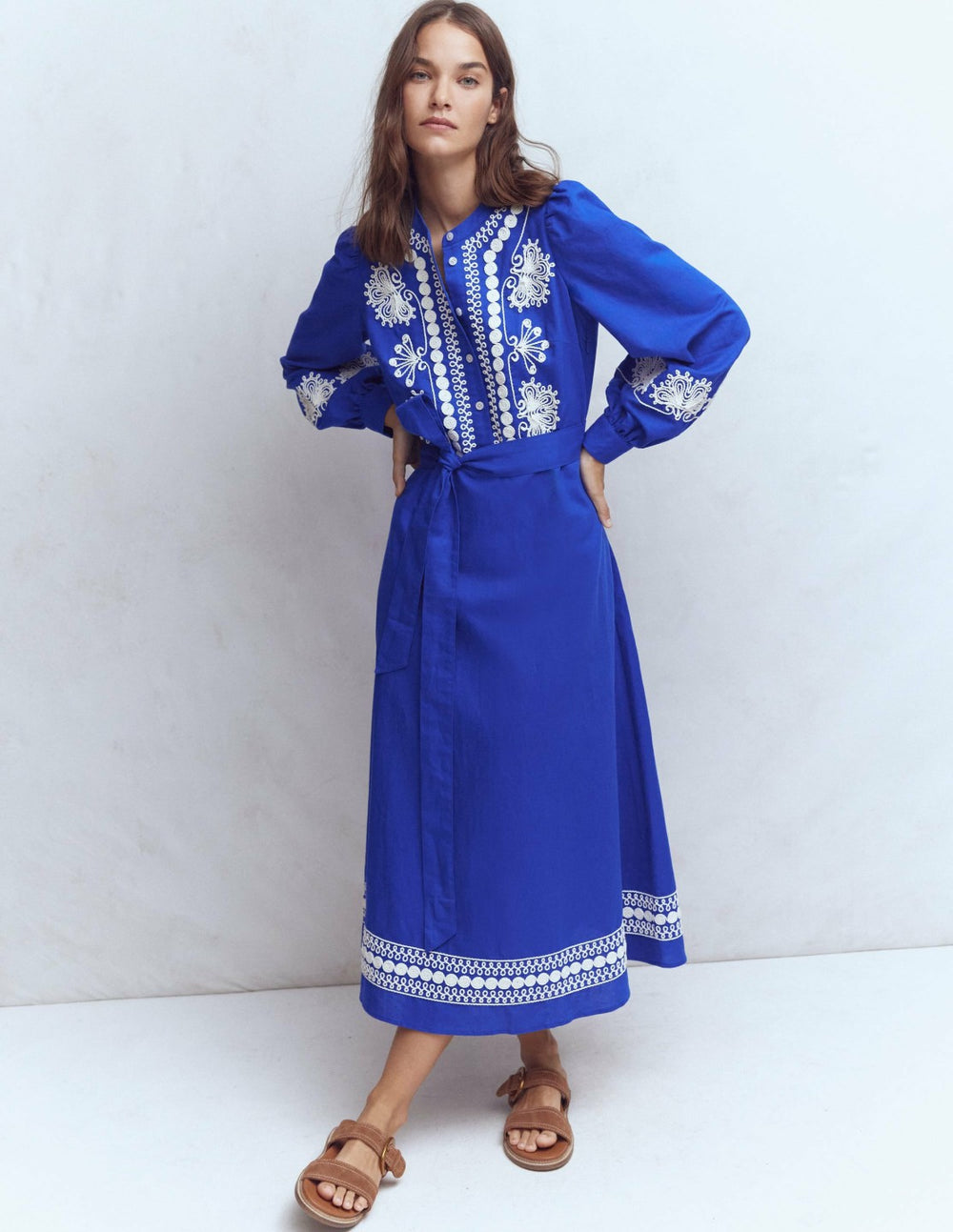 Ava Linen Blend Midi Dress-Blue Embroidery / Boden Online