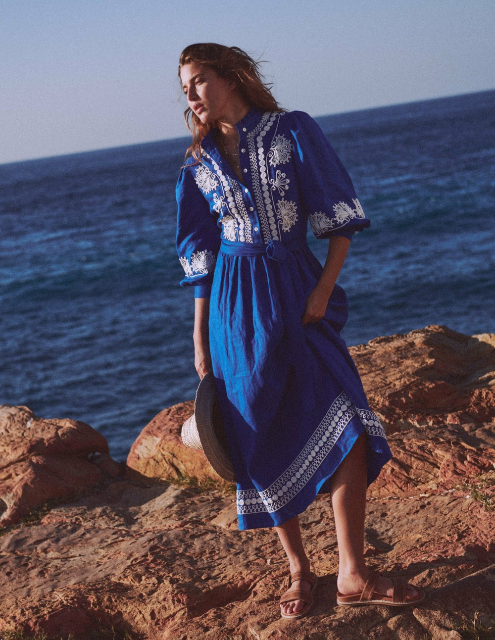 Ava Linen Blend Midi Dress-Blue Embroidery / Boden Online