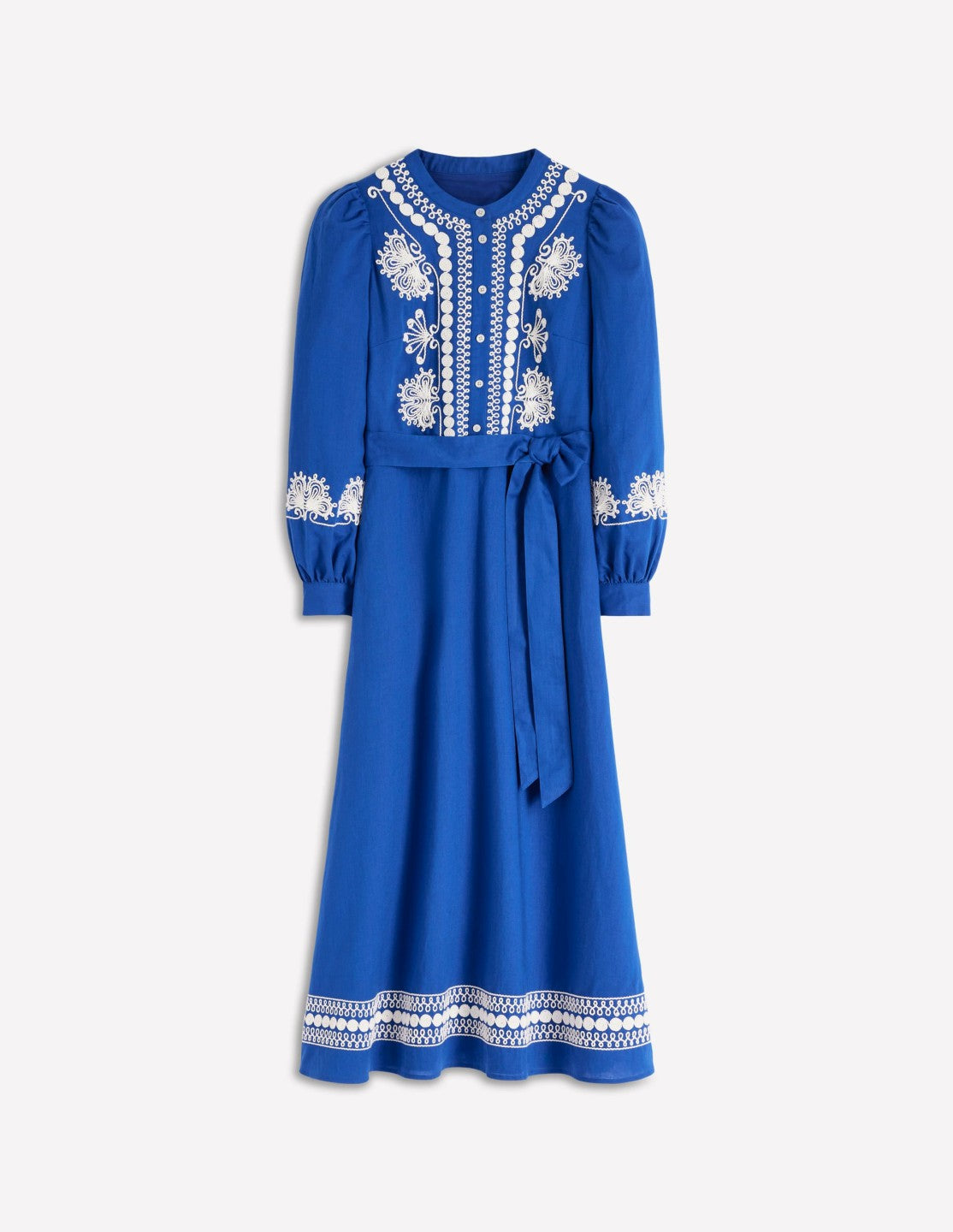 Ava Linen Blend Midi Dress-Blue Embroidery / Boden Online