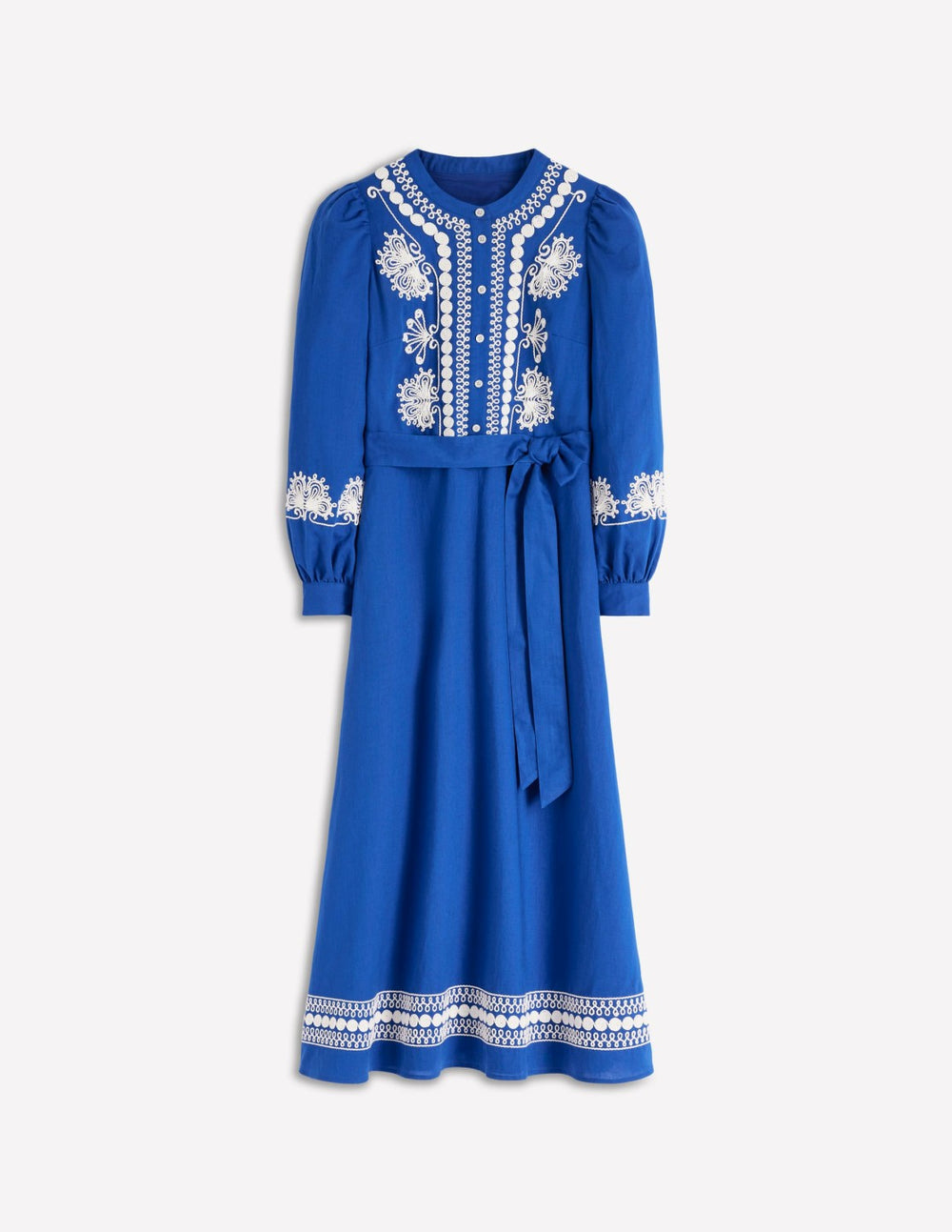 Ava Linen Blend Midi Dress-Blue Embroidery / Boden Online
