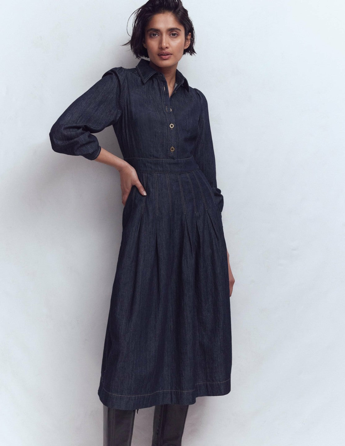 Pleat Skirt Denim Midi Dress-Indigo Wash / Boden Outlet