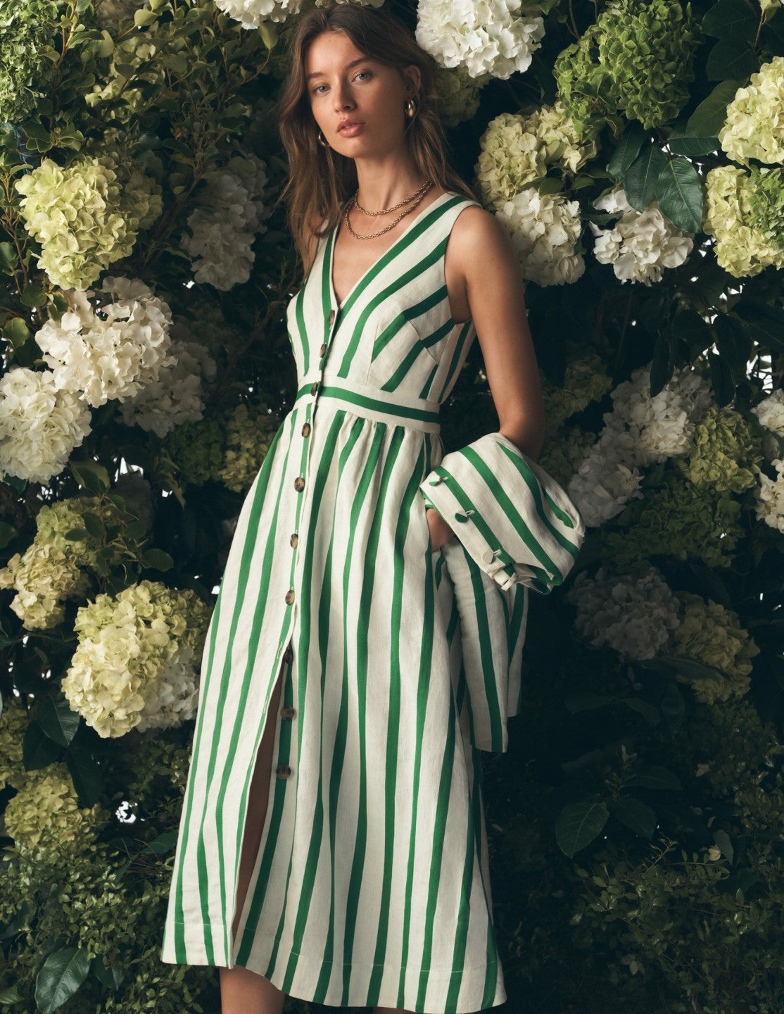 Catherine Button Linen Dress-Ivory and Green Satin Stripe / Boden Online