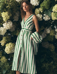 Catherine Button Linen Dress-Ivory and Green Satin Stripe / Boden Online