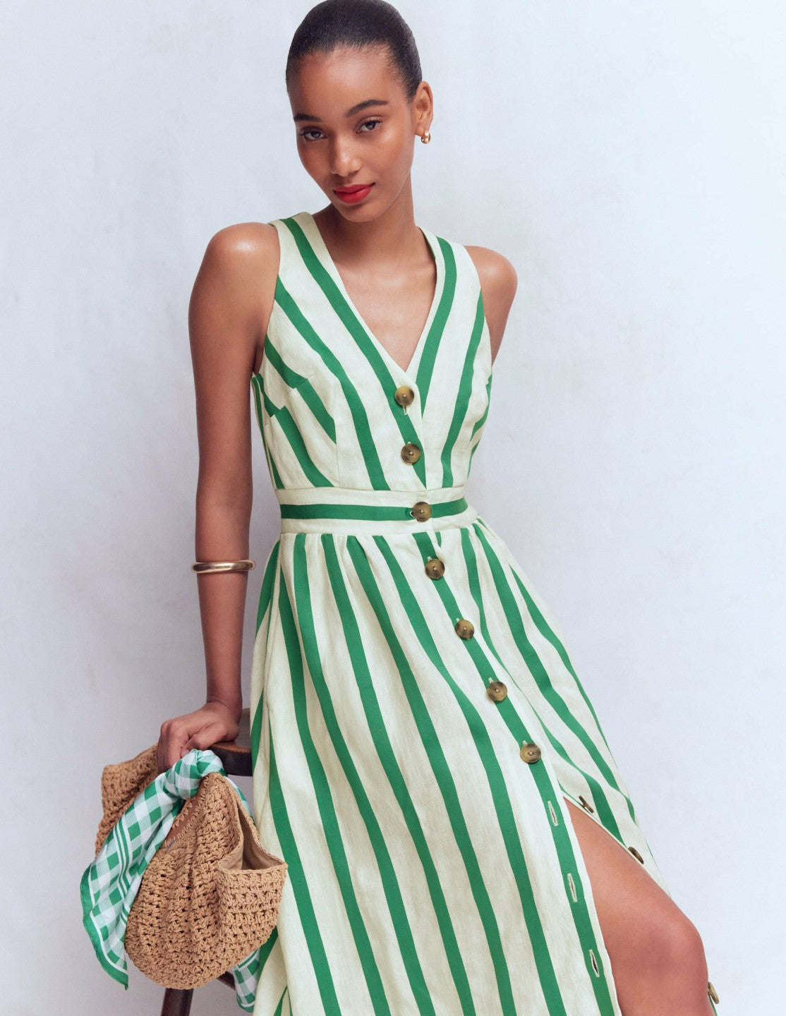 Catherine Button Linen Dress-Ivory and Green Satin Stripe / Boden Online