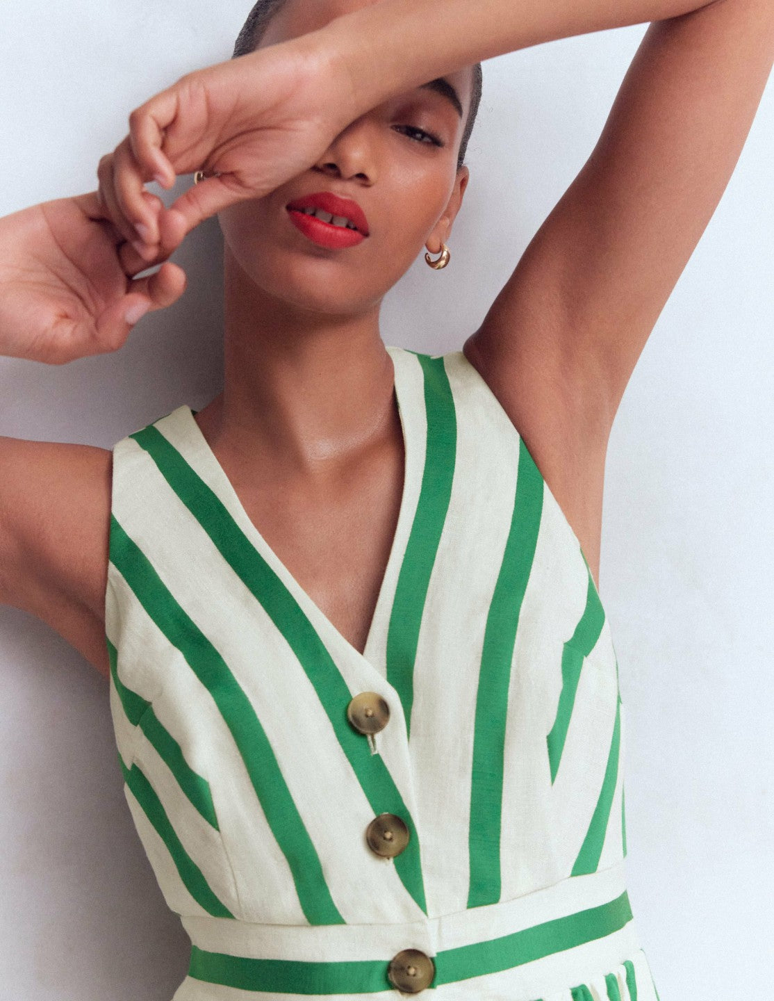 Catherine Button Linen Dress-Ivory and Green Satin Stripe / Boden Online