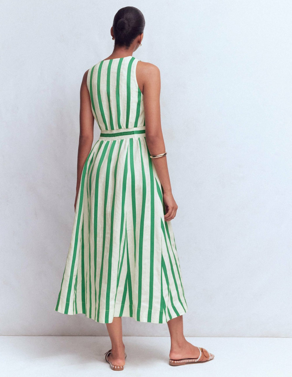 Catherine Button Linen Dress-Ivory and Green Satin Stripe / Boden Online