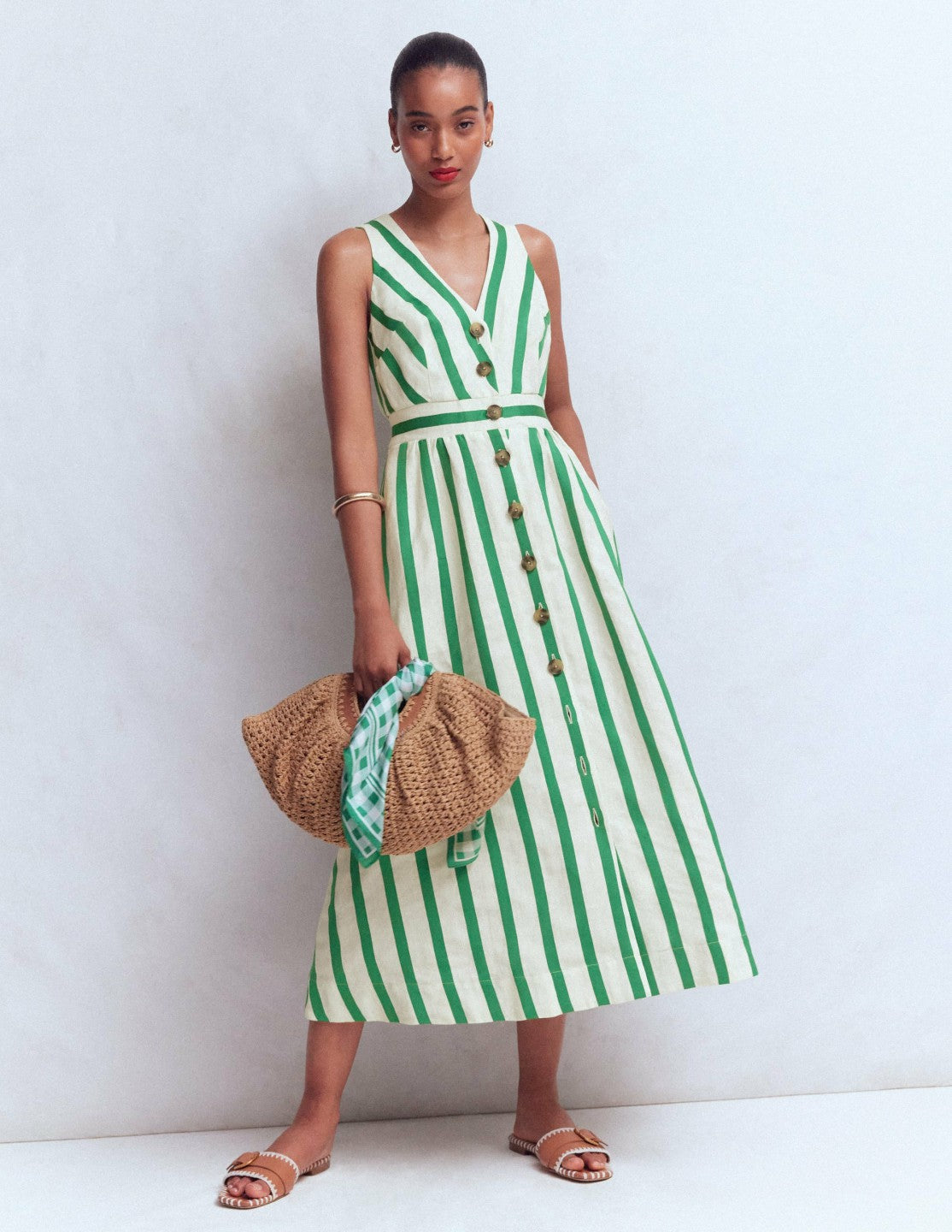 Catherine Button Linen Dress-Ivory and Green Satin Stripe / Boden Online
