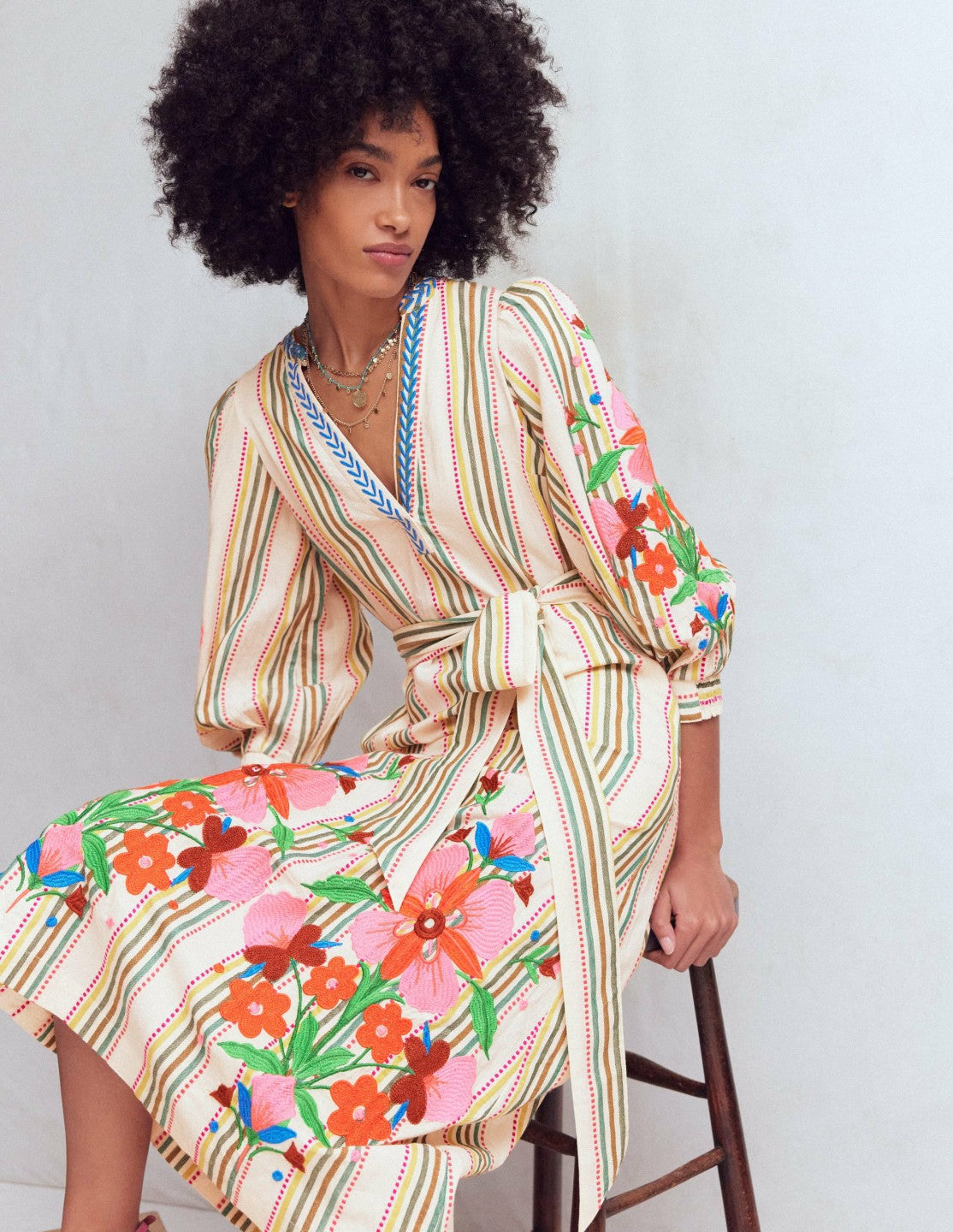 Octavia Cotton Dress-Multi Embroidery Stripe / Boden Outlet
