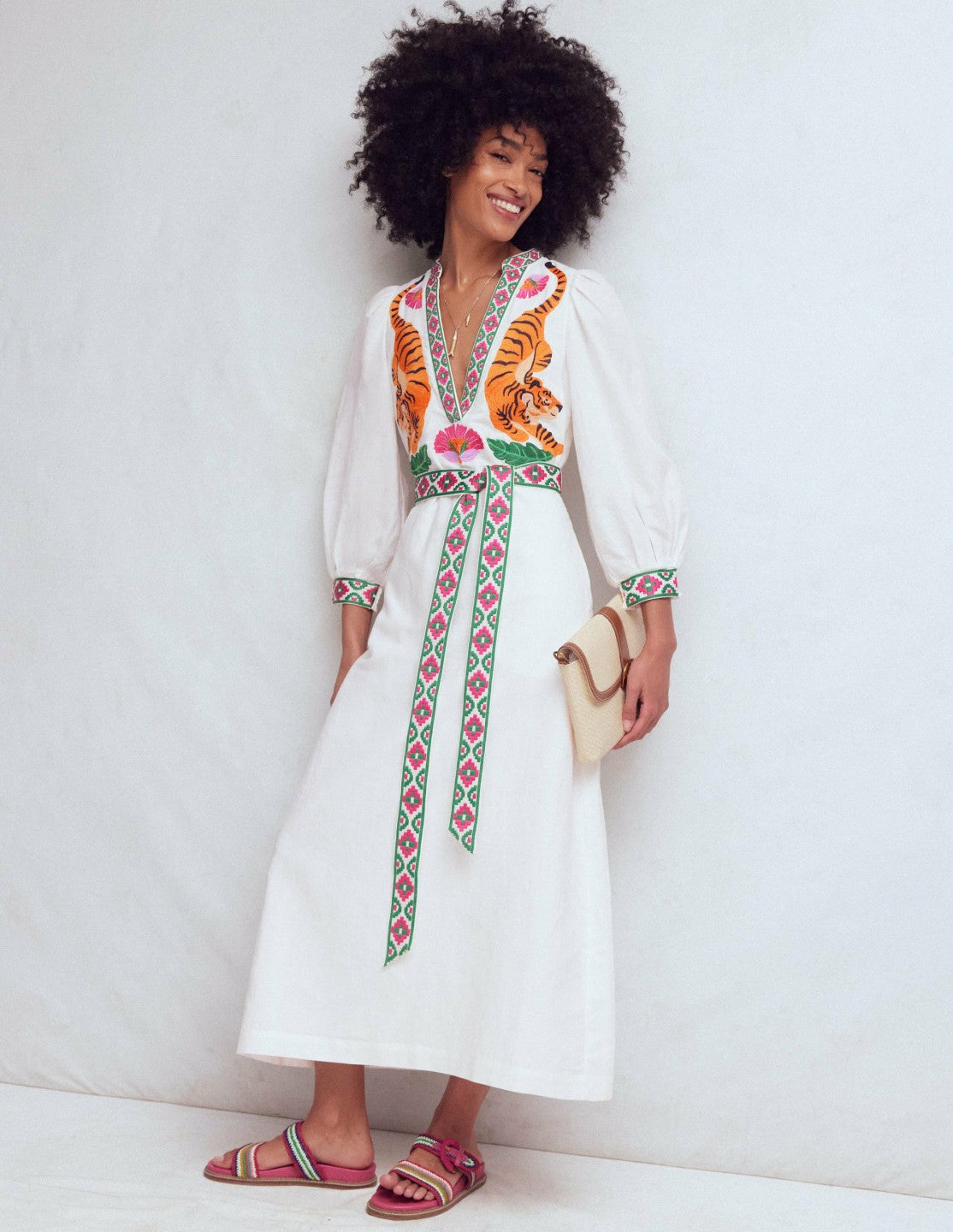 Octavia Linen Blend Dress-Tiger Embroidery / Boden On sale