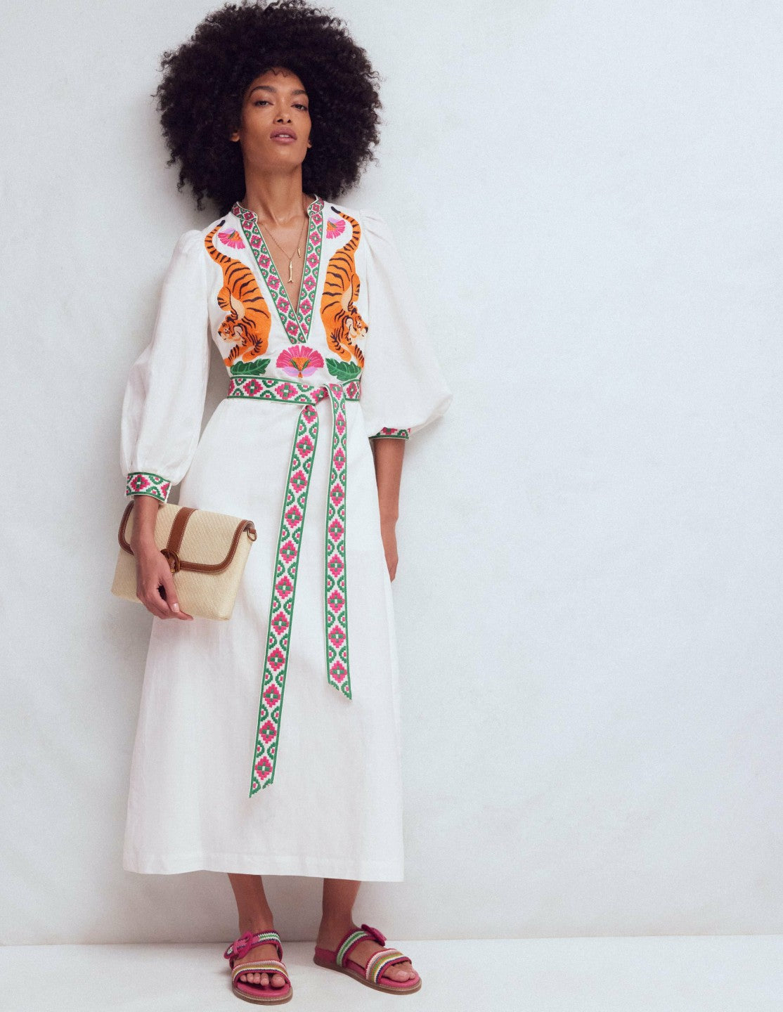 Octavia Linen Blend Dress-Tiger Embroidery / Boden On sale