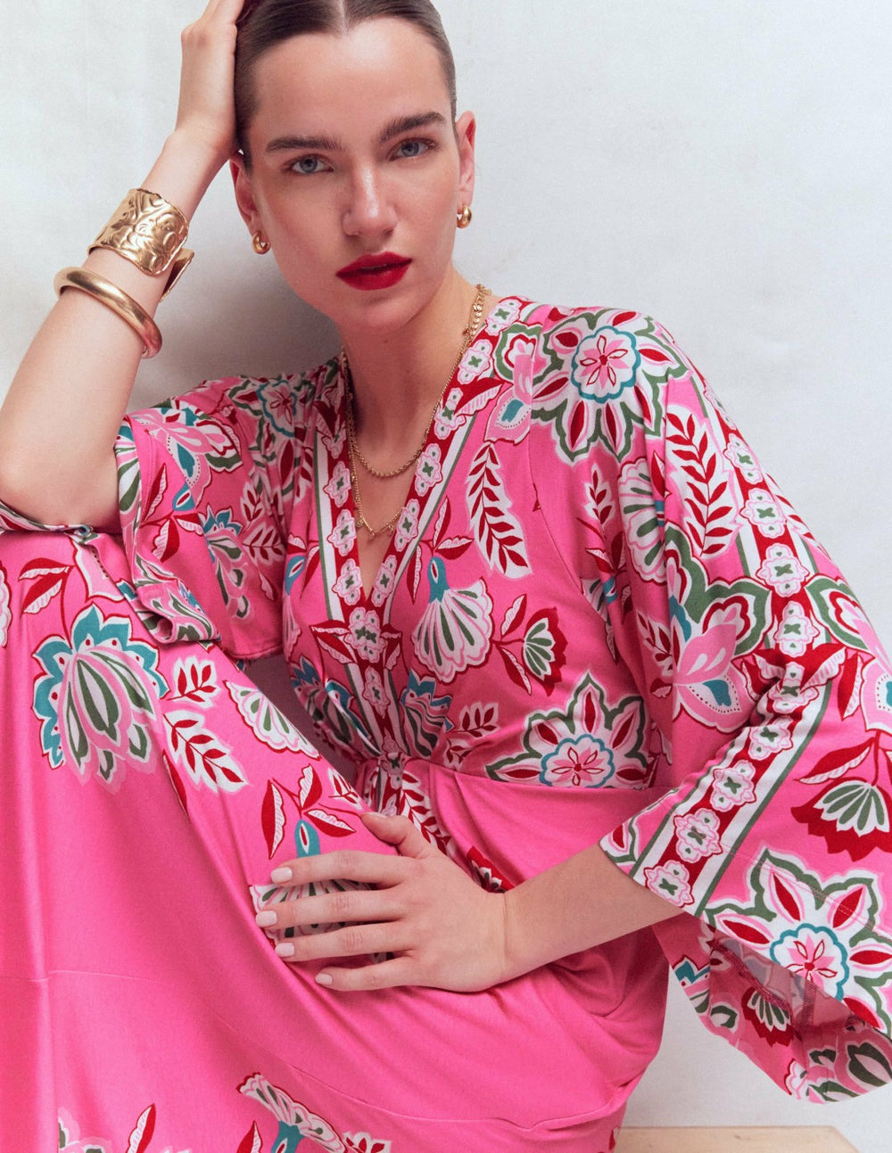 Nell Kimono Midi Jersey Dress-Pink, Blossom Elegance / Boden us