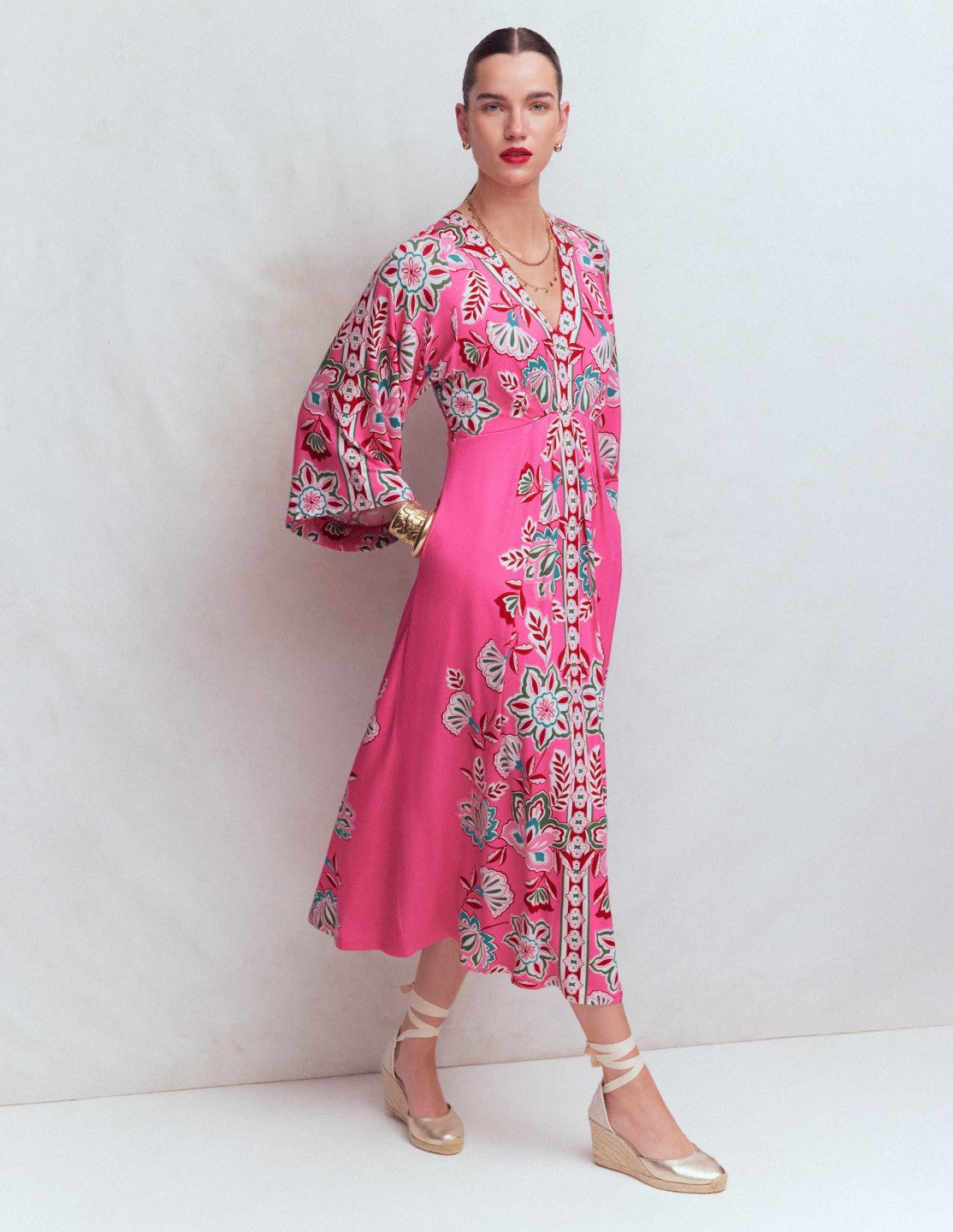 Nell Kimono Midi Jersey Dress-Pink, Blossom Elegance / Boden us
