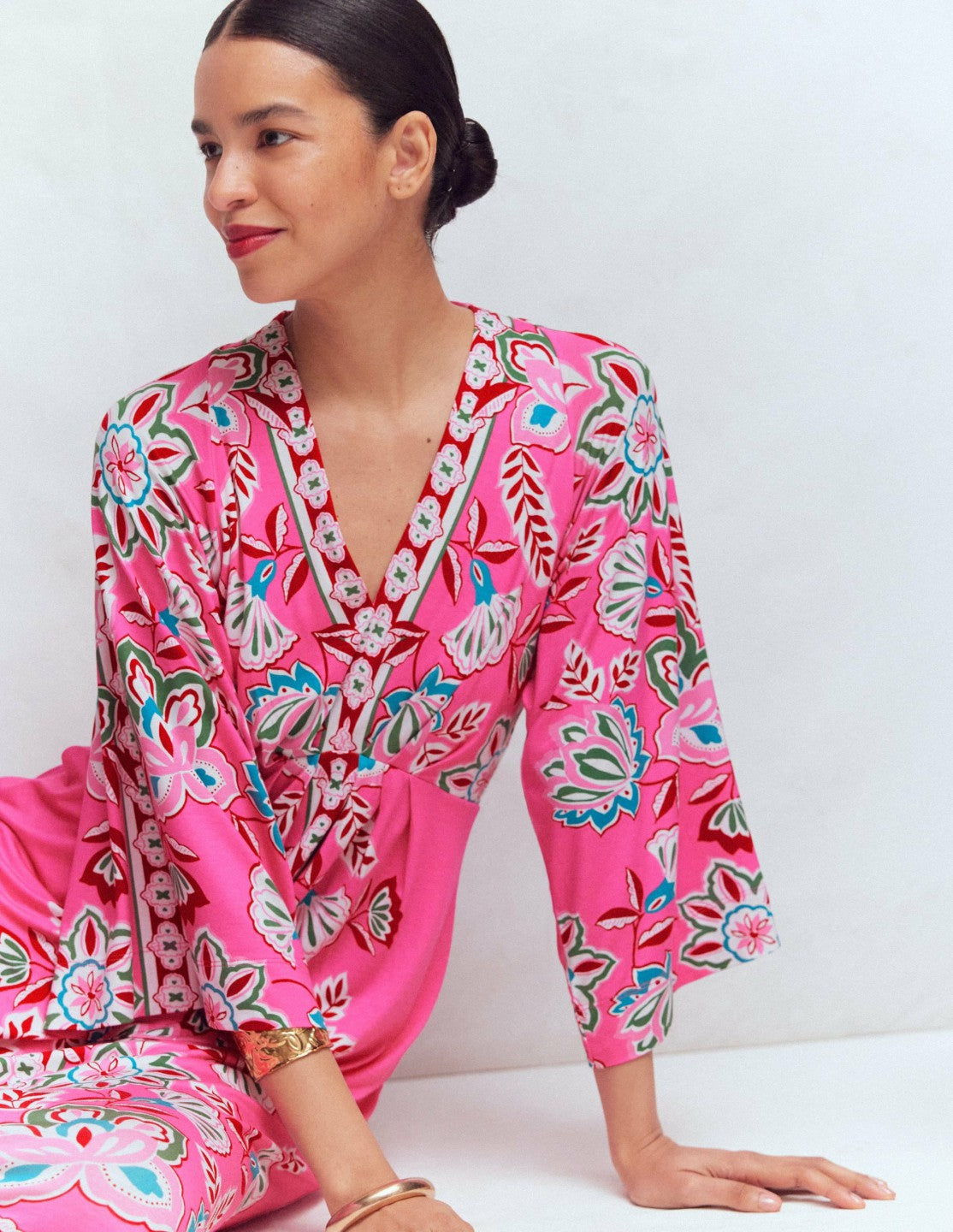 Nell Kimono Midi Jersey Dress-Pink, Blossom Elegance / Boden us