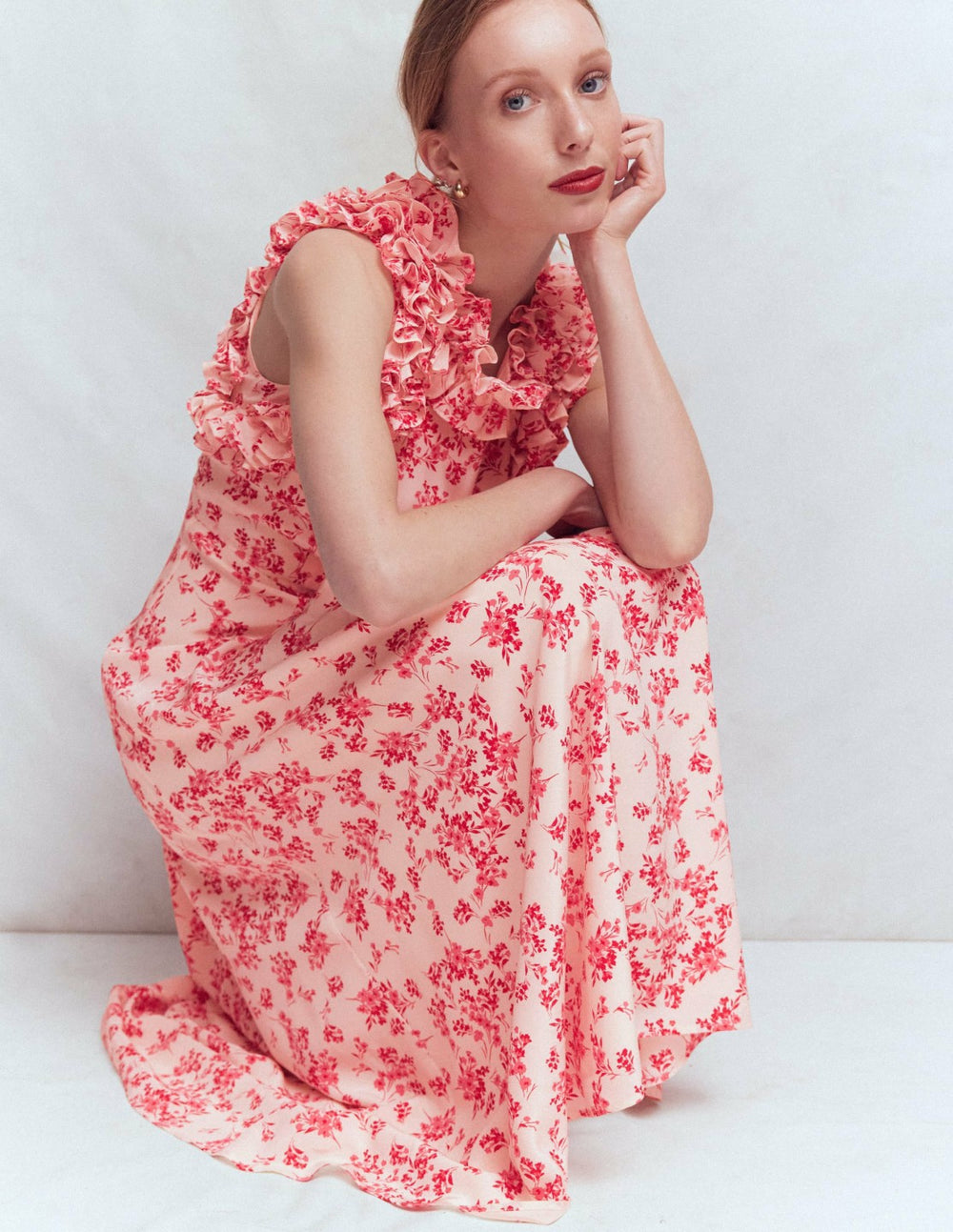 Ruffle Silk Midi Dress-Pink Bloom Scatter Mono / Boden On sale