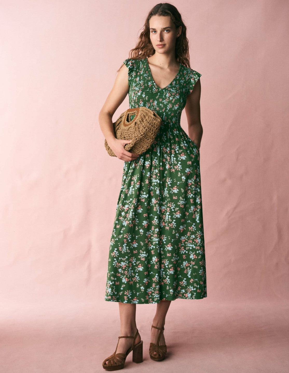 Smocked Jersey Midi Dress-Promenade Green, Bloom Scatter / Boden Sale