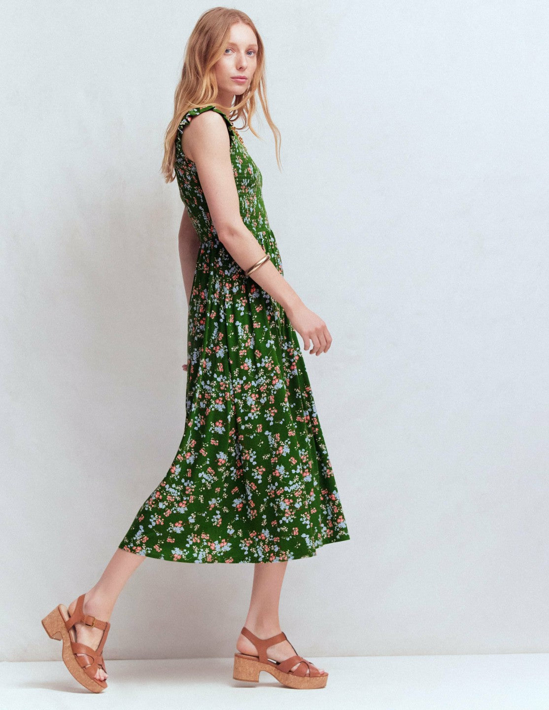 Smocked Jersey Midi Dress-Promenade Green, Bloom Scatter / Boden Sale