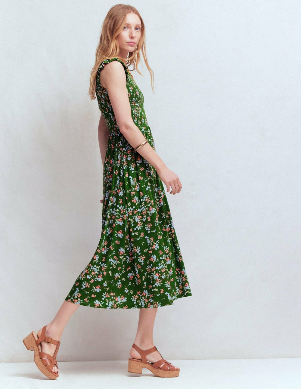 Smocked Jersey Midi Dress-Promenade Green, Bloom Scatter / Boden Sale