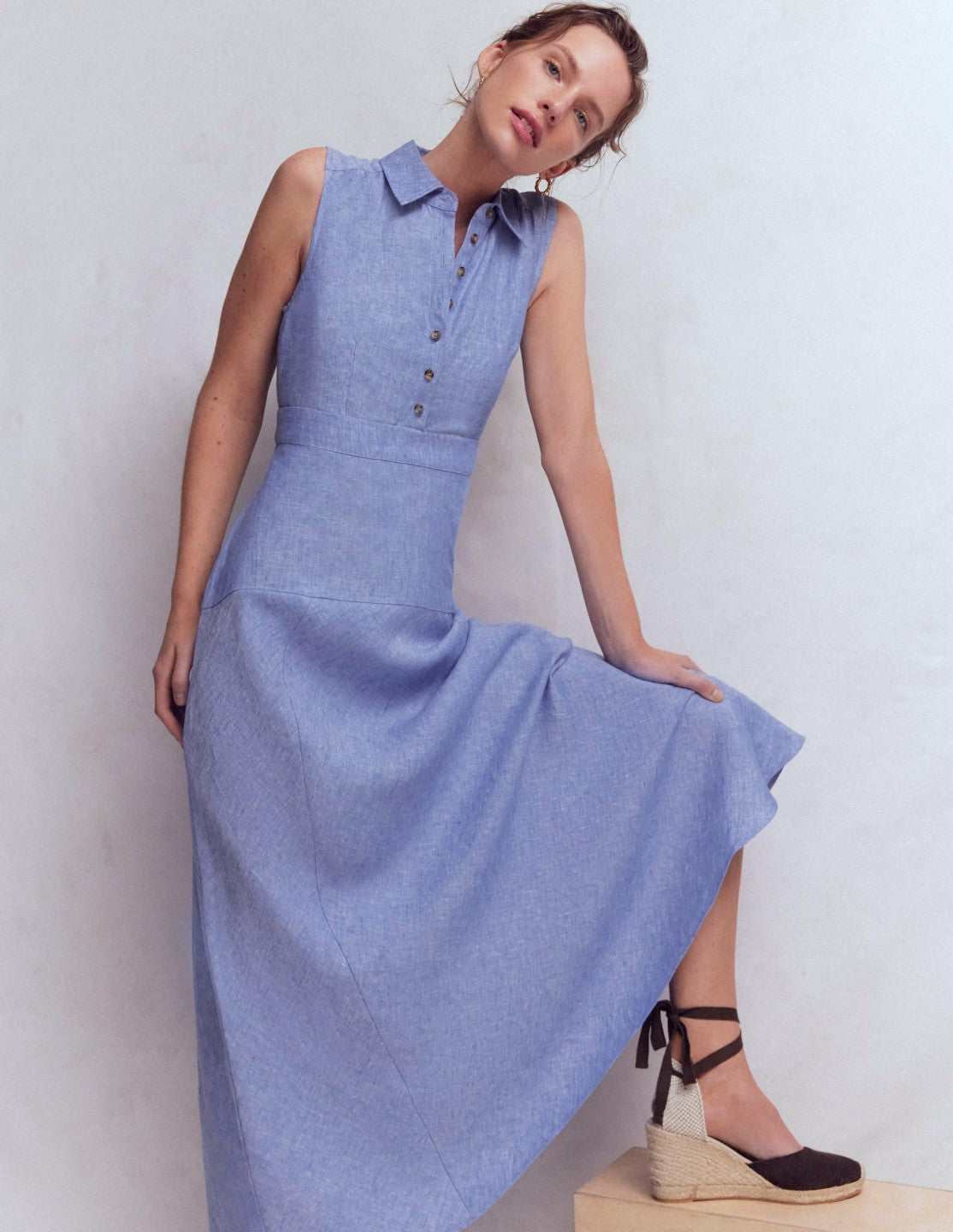 Erma Drop Waist Linen Dress-Chambray / Boden Online