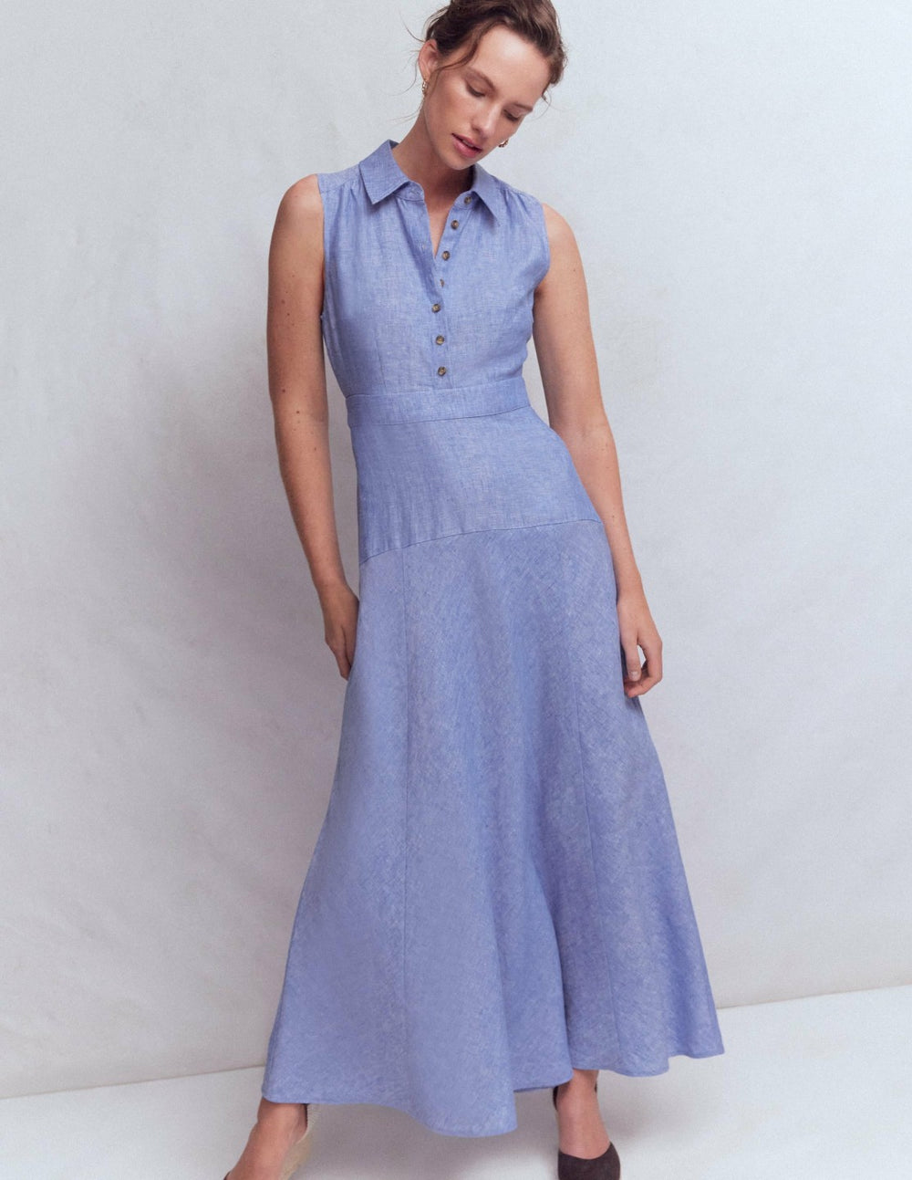 Erma Drop Waist Linen Dress-Chambray / Boden Online