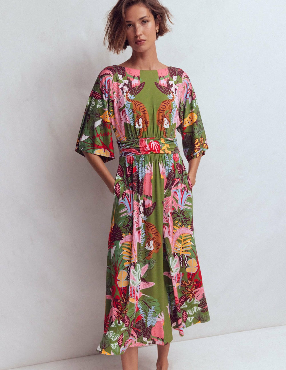 Imelda Kimono Jersey Dress-Olive, Tropical Safari / Boden On sale