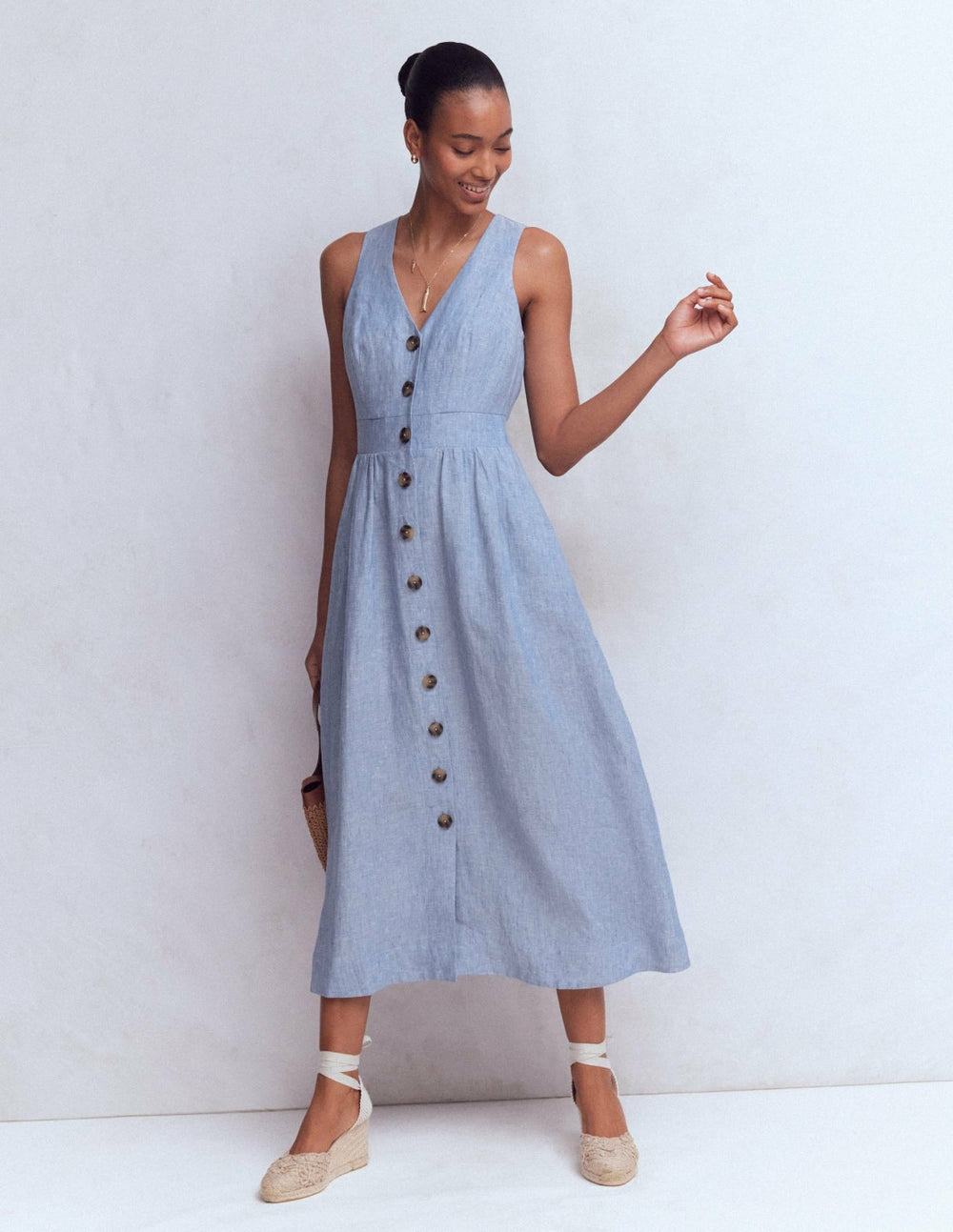 Catherine Button Linen Dress-Chambray / Boden Discount