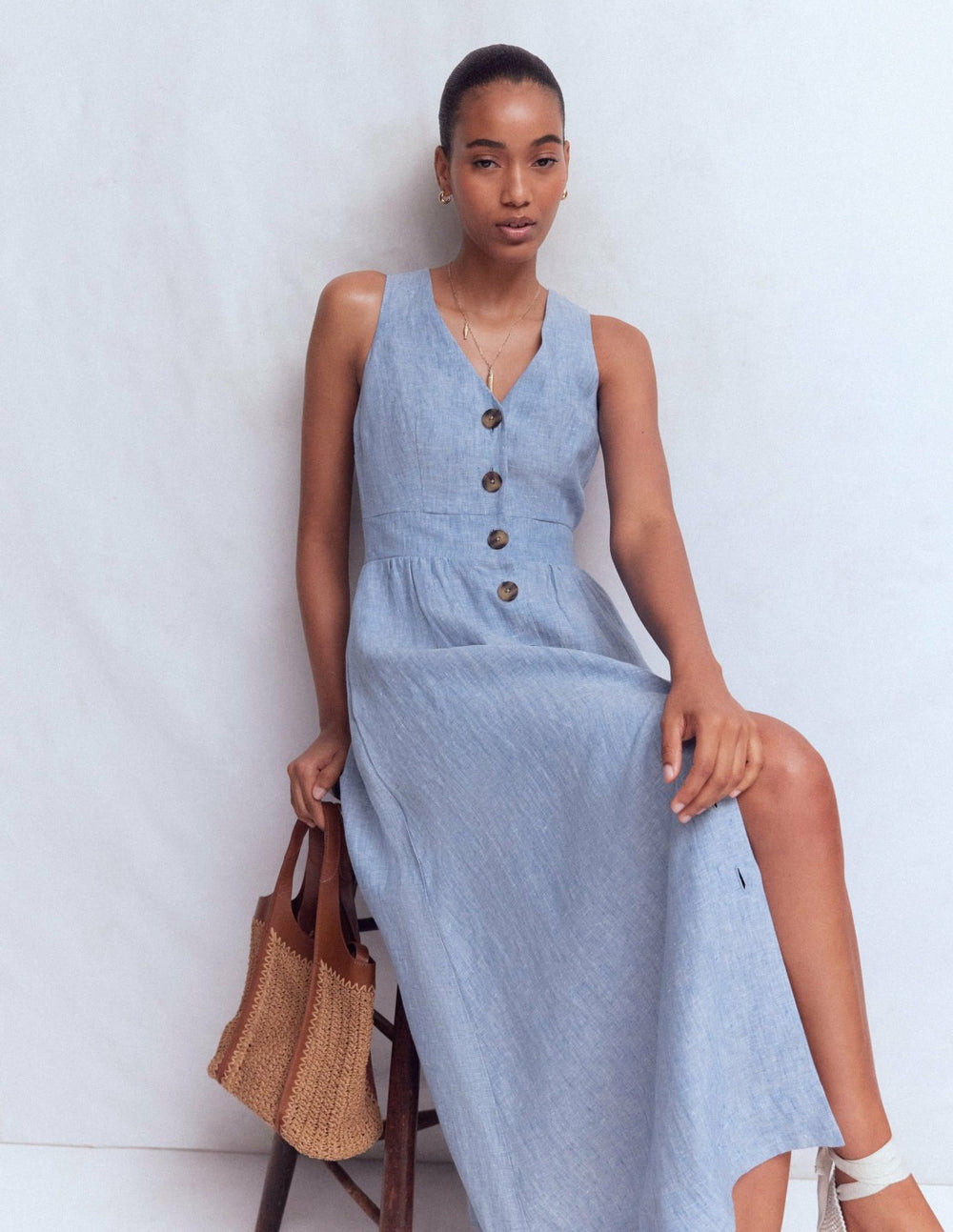 Catherine Button Linen Dress-Chambray / Boden Discount