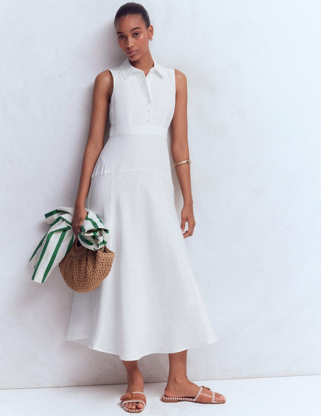 Erma Drop Waist Linen Dress-White / Boden us