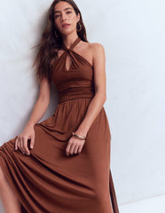 Sydney Twist Neck Jersey Dress-Roasted Brown / Boden