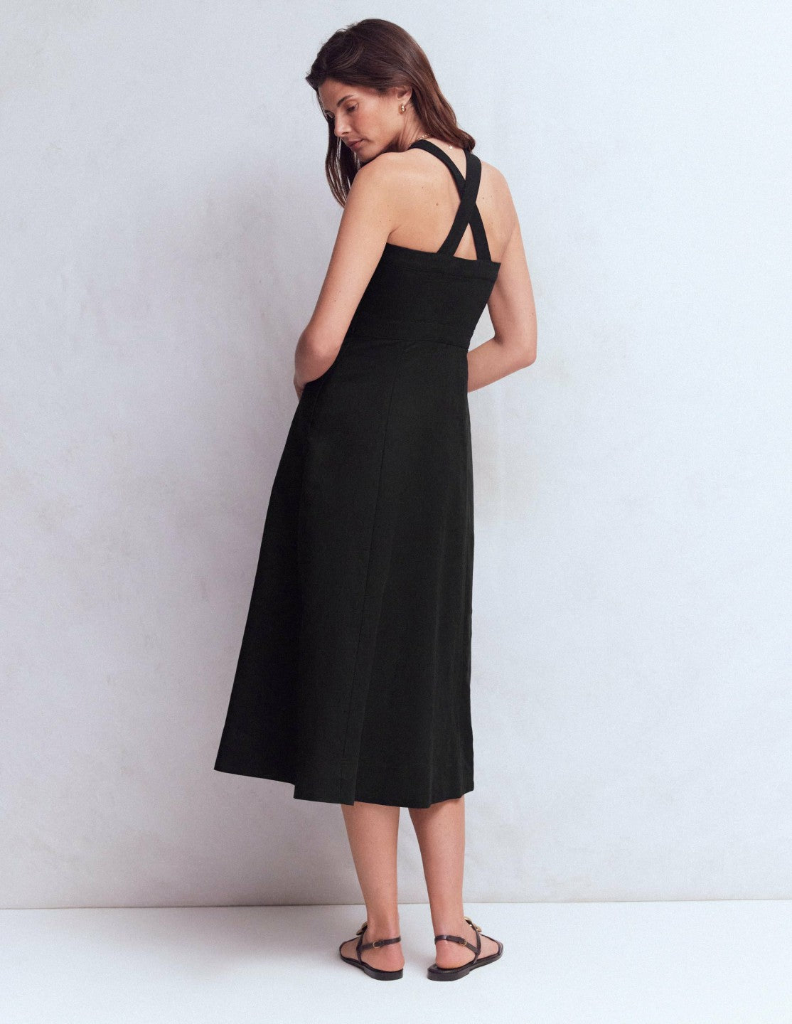 Cross-back Linen Blend Dress-Black / Boden Outlet