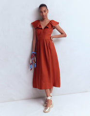 Mega Ruffle Linen Dress-Burnt Henna / Boden Discount